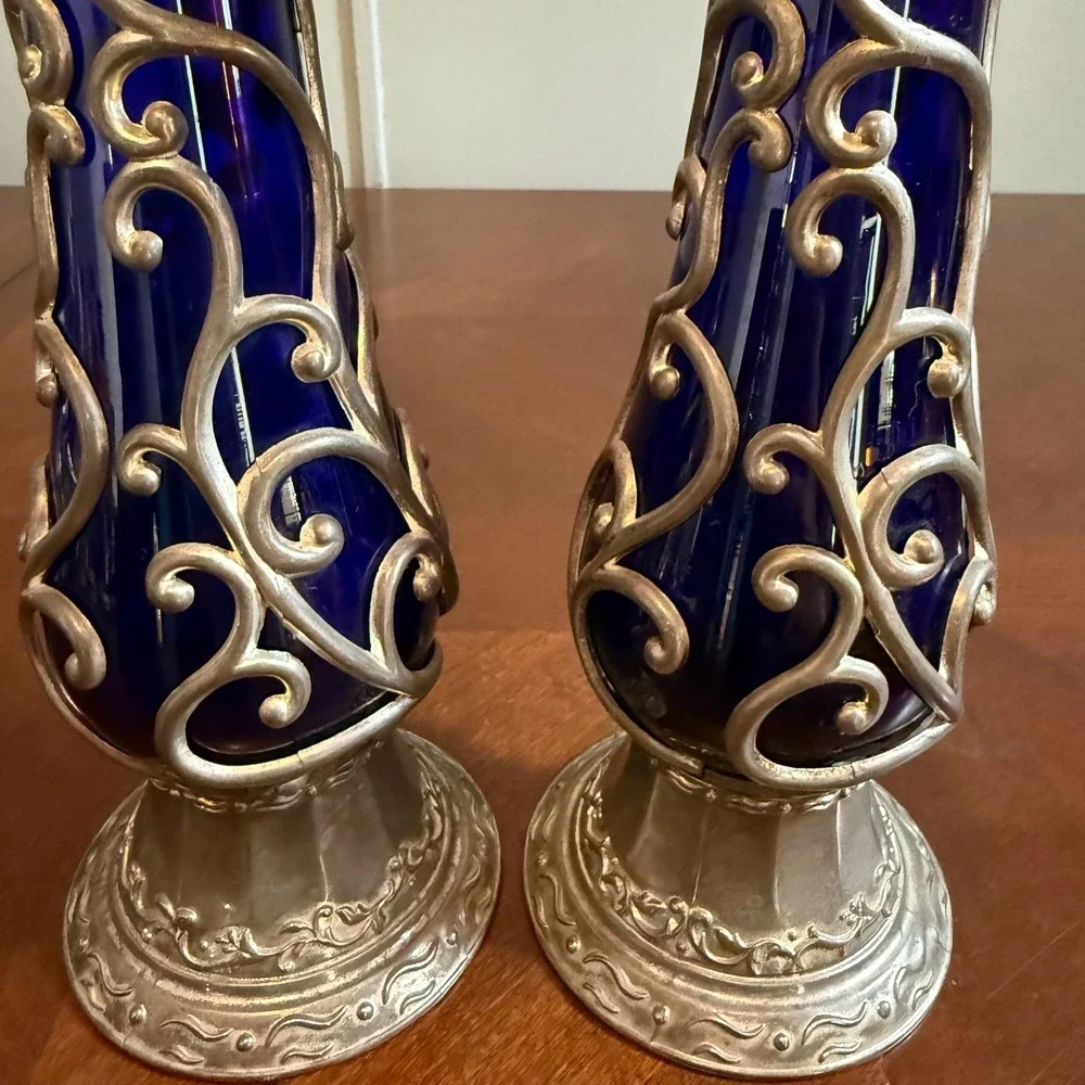 Vtg Cobalt Blue Glass Cased Vine Scroll Metal Pillar Candle Holder Set 2‎ Read